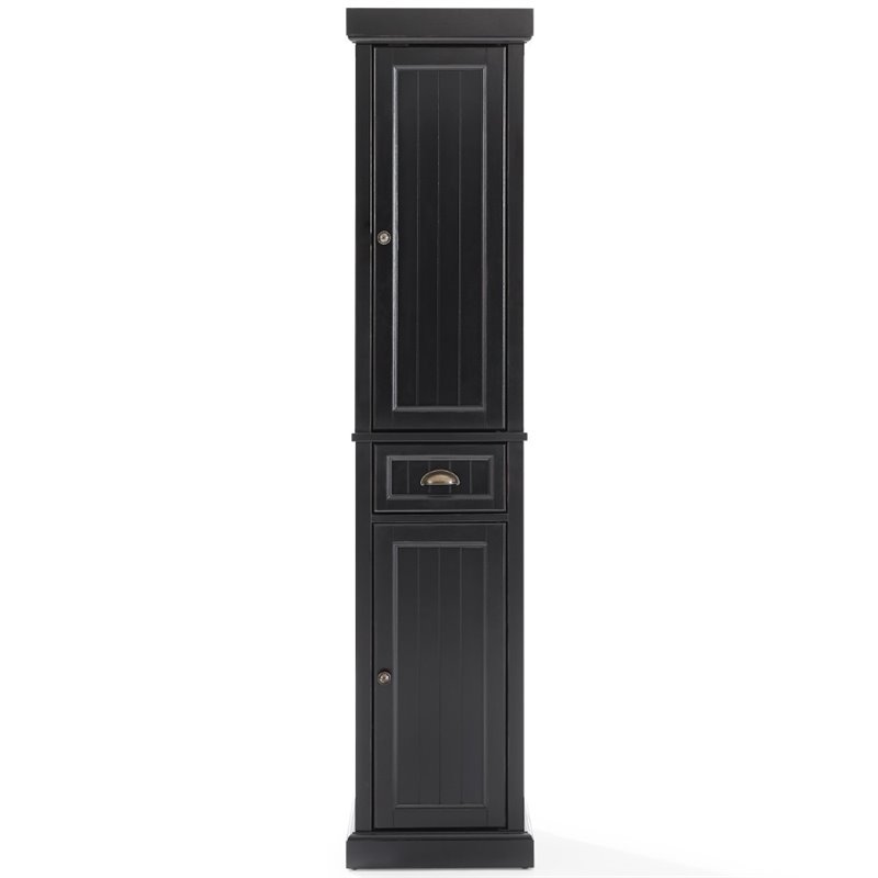 Pemberly Row Tall Coastal Wood Linen Cabinet in Distressed Black