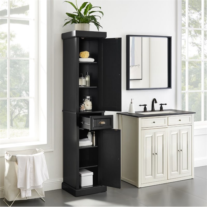 Pemberly Row Tall Coastal Wood Linen Cabinet in Distressed Black