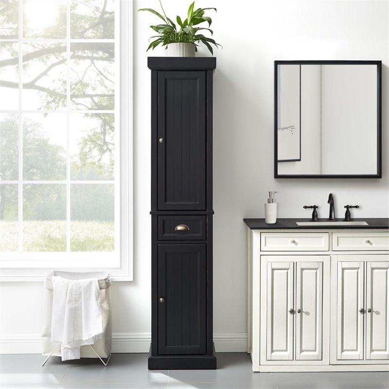 Pemberly Row Tall Coastal Wood Linen Cabinet in Distressed Black