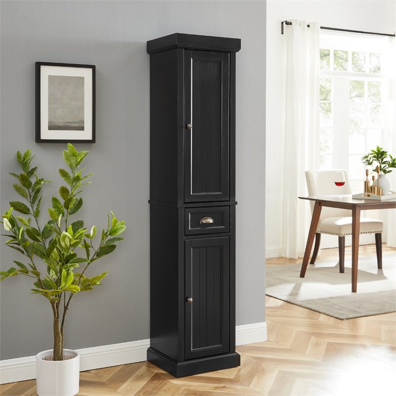 Pemberly Row Tall Coastal Wood Linen Cabinet in Distressed Black