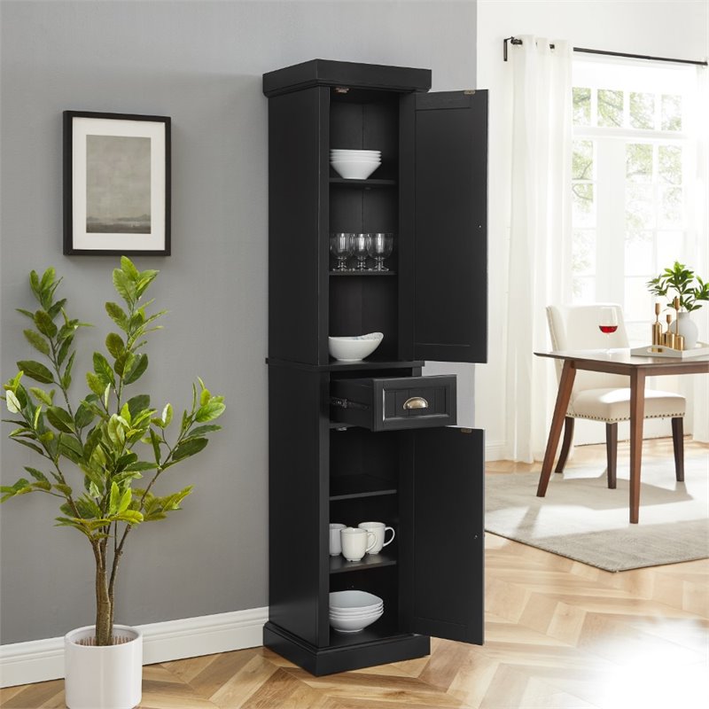 Pemberly Row Tall Coastal Wood Linen Cabinet in Distressed Black