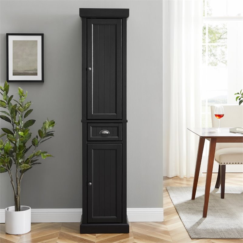 Pemberly Row Tall Coastal Wood Linen Cabinet in Distressed Black