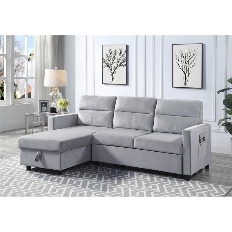 Pemberly Row Velvet Reversible Sleeper Sectional with Storage in Light Gray