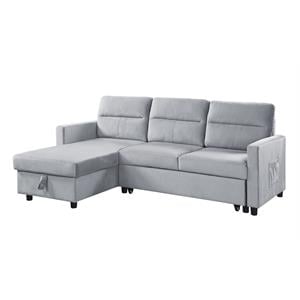 Pemberly Row Velvet Reversible Sleeper Sectional with Storage in Light Gray