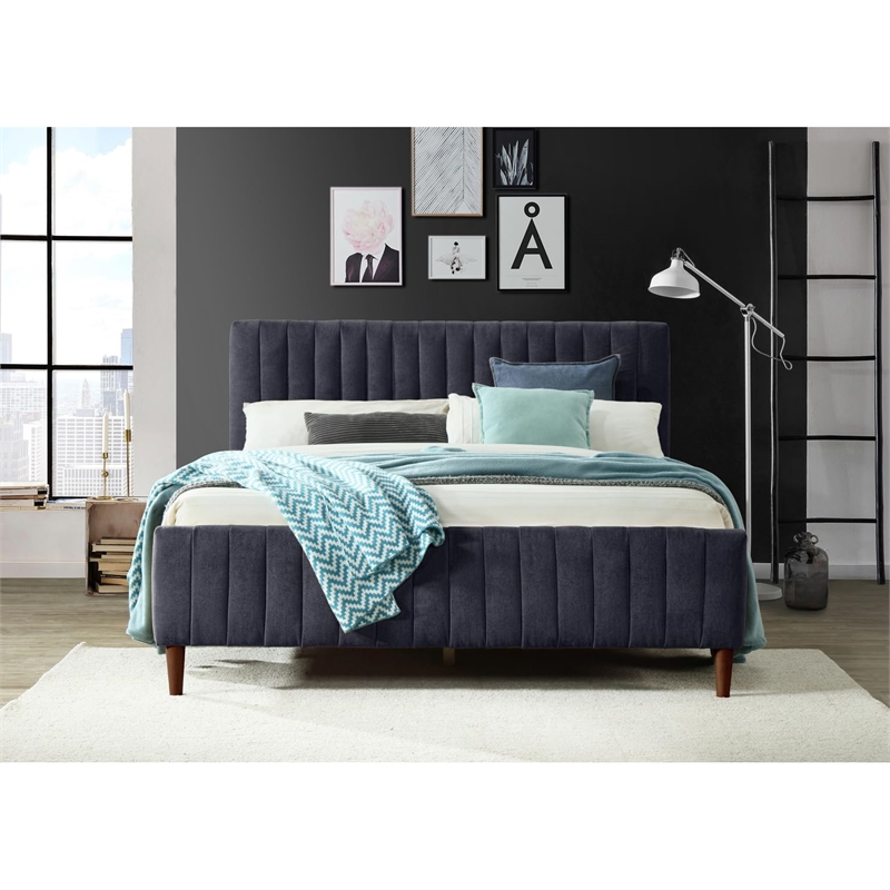 Pemberly Row Wood / Fabric Upholstered Queen Platform Bed in Gray