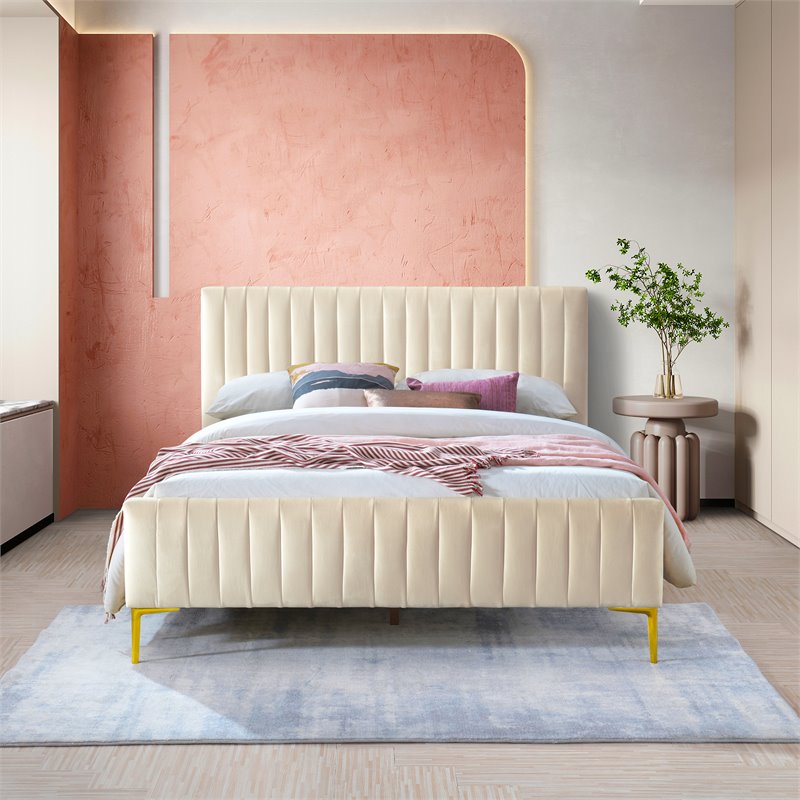 Pemberly Row Wood and Fabric Upholstered Queen Platform Bed in Ivory