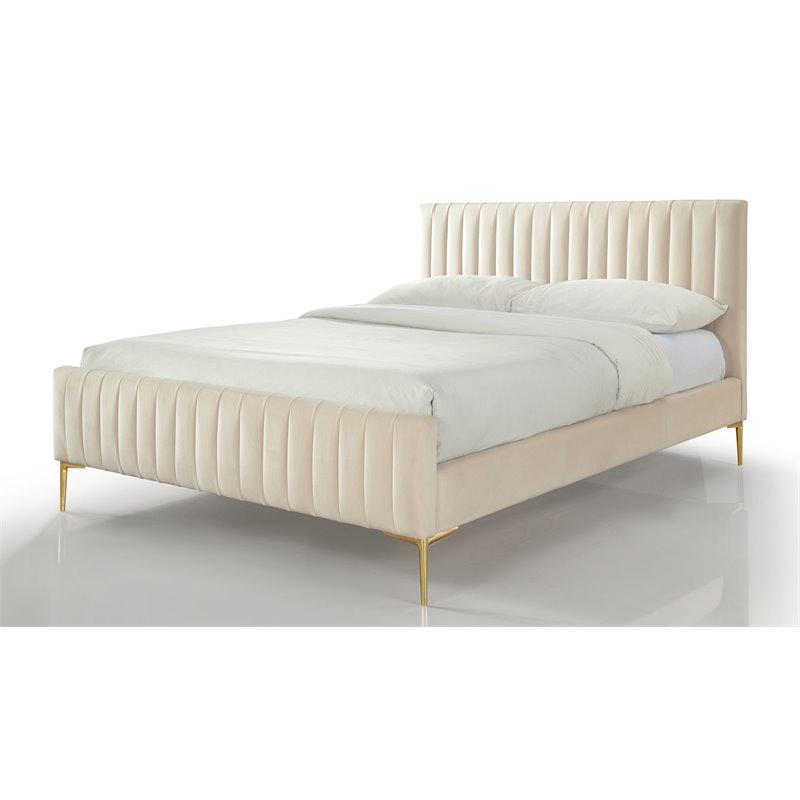 Pemberly Row Wood and Fabric Upholstered Queen Platform Bed in Ivory