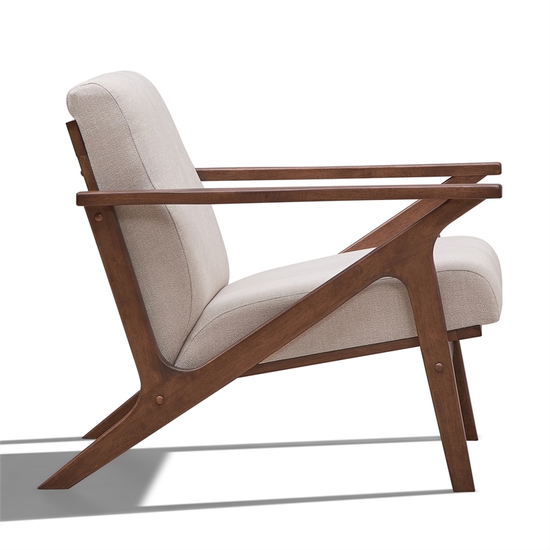 Pemberly Row Solid Wood and Fabric Upholstered Accent Armchair in Walnut / Beige