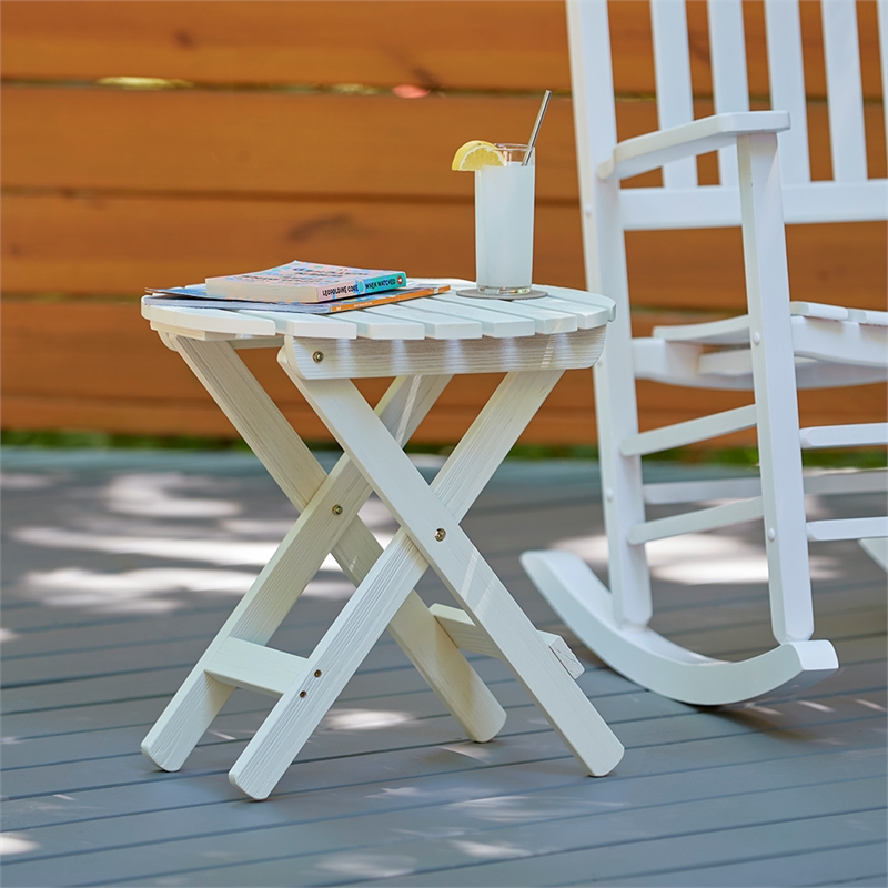 Pemberly Row Adirondack Round Cedar Wood Foldable Side Table in White