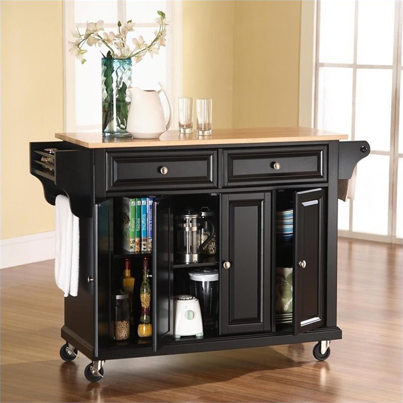 Pemberly Row Natural Wood Top Kitchen Cart in Black / Natural