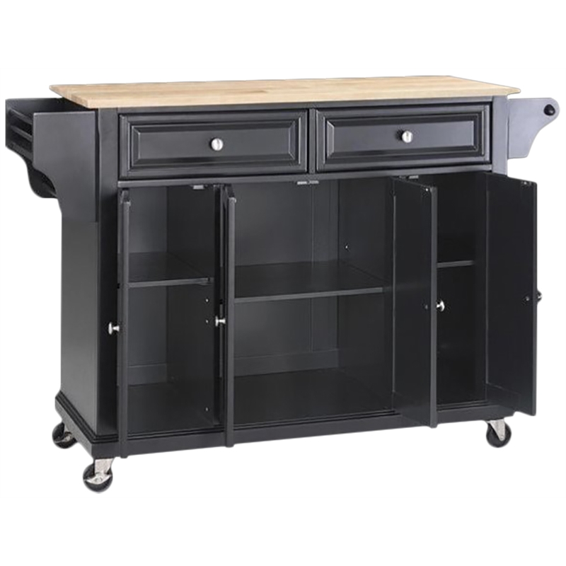 Pemberly Row Natural Wood Top Kitchen Cart in Black / Natural