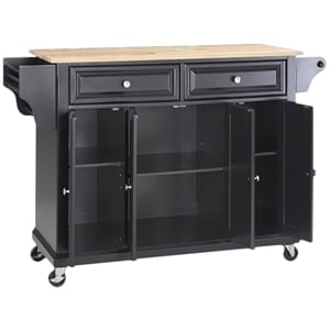 Pemberly Row Natural Wood Top Kitchen Cart in Black / Natural