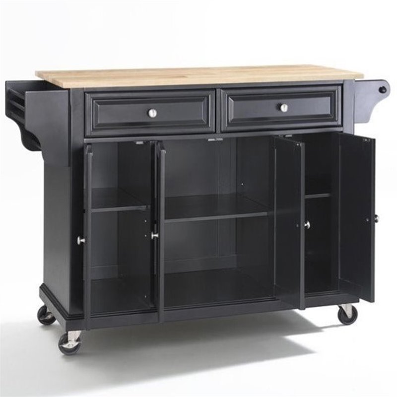 Pemberly Row Natural Wood Top Kitchen Cart in Black / Natural