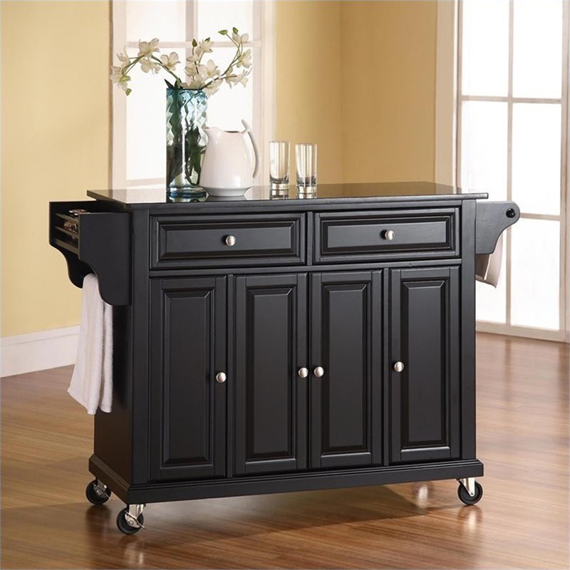 Pemberly Row Traditional Solid Granite / Wood Kitchen Cart in Black