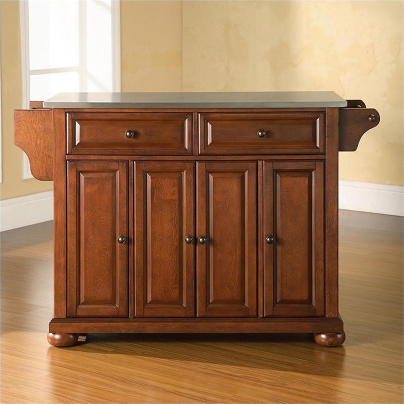 Pemberly Row Contemporary Wood Kitchen Island in Cherry / Silver