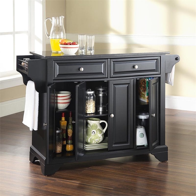 Pemberly Row Modern Solid Granite / Wood Kitchen Island in Black