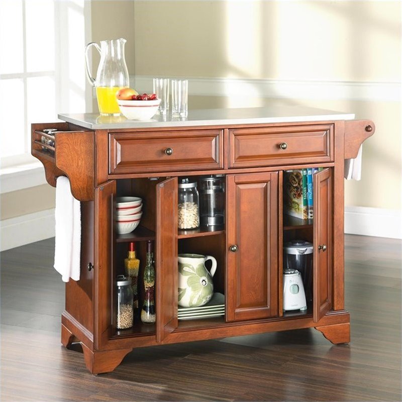 Pemberly Row Contemporary Wood Kitchen Island in Cherry & Silver