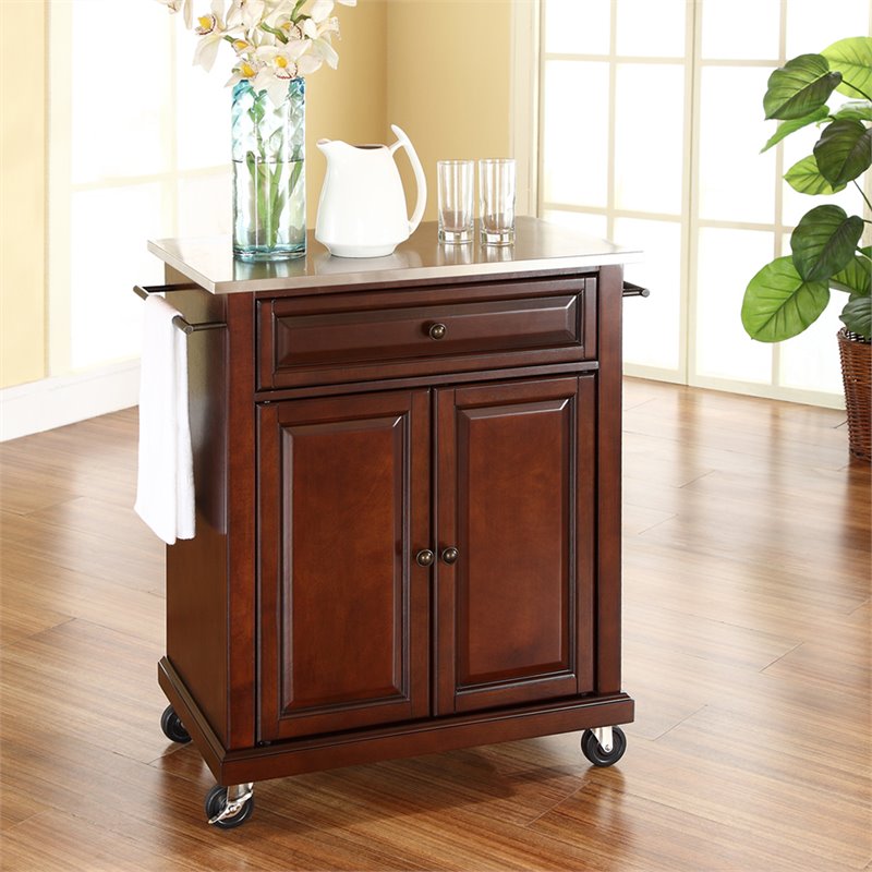 Pemberly Row Wood Portable Kitchen Cart in Mahogany / Silver
