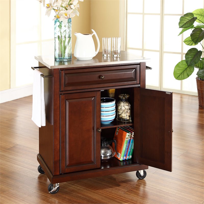 Pemberly Row Wood Portable Kitchen Cart in Mahogany / Silver