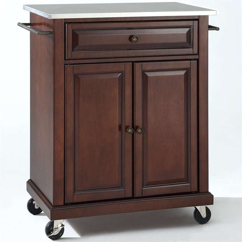 Pemberly Row Wood Portable Kitchen Cart in Mahogany / Silver