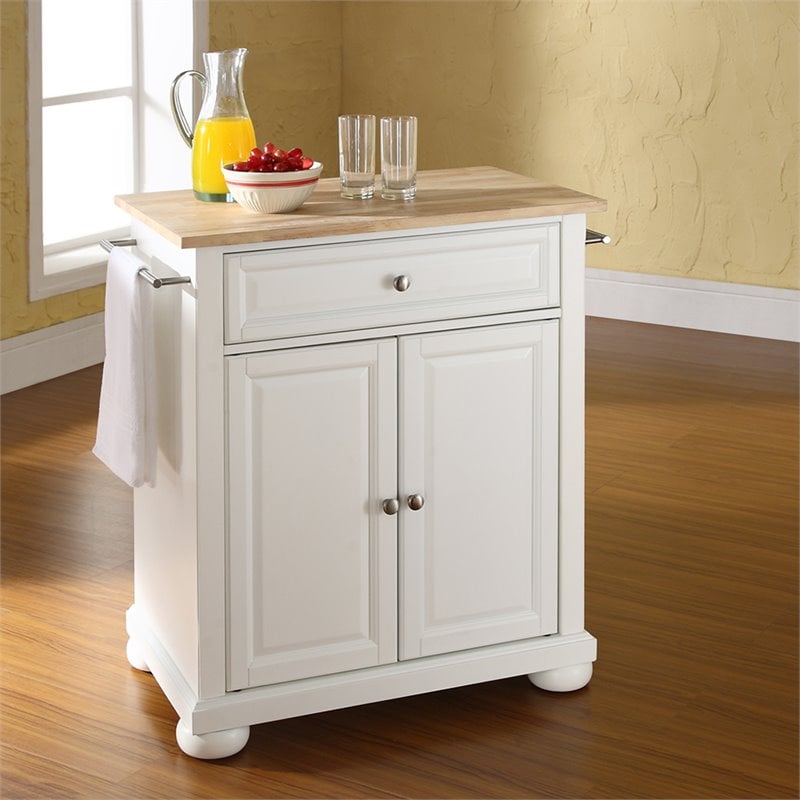 Pemberly Row Natural Wood Top Portable Kitchen Island in White