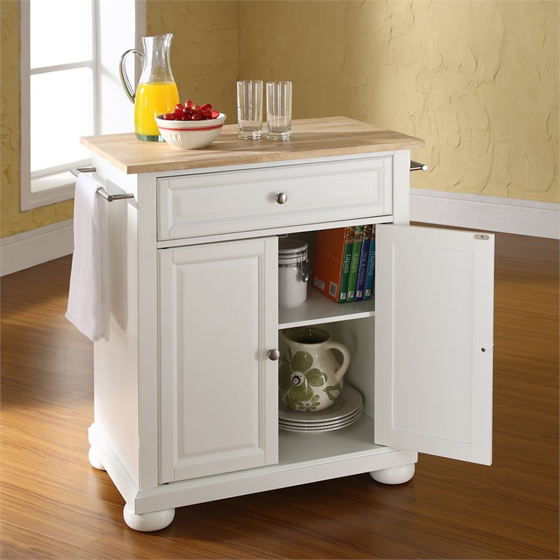 Pemberly Row Natural Wood Top Portable Kitchen Island in White