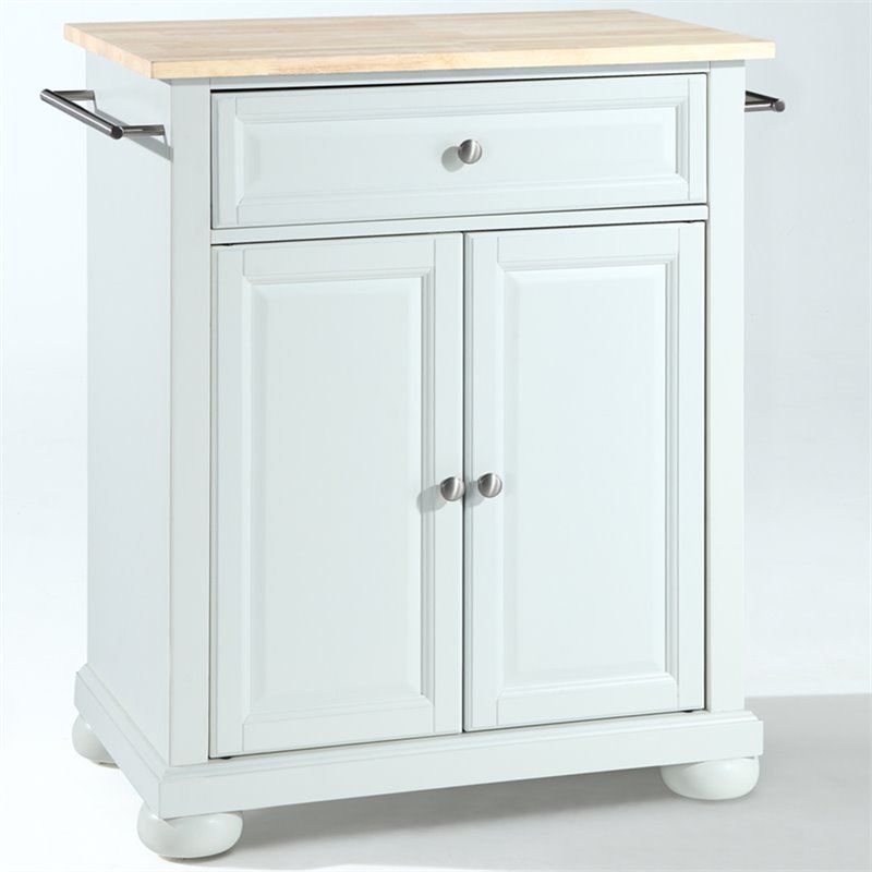 Pemberly Row Natural Wood Top Portable Kitchen Island in White