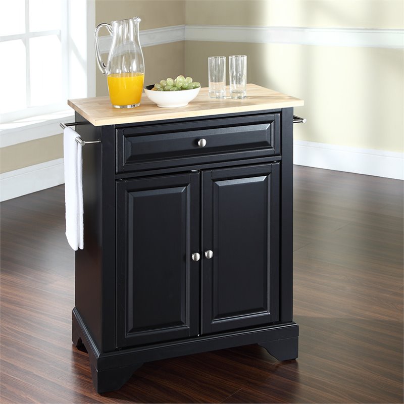 Pemberly Row Natural Wood Top Portable Kitchen Island in Black