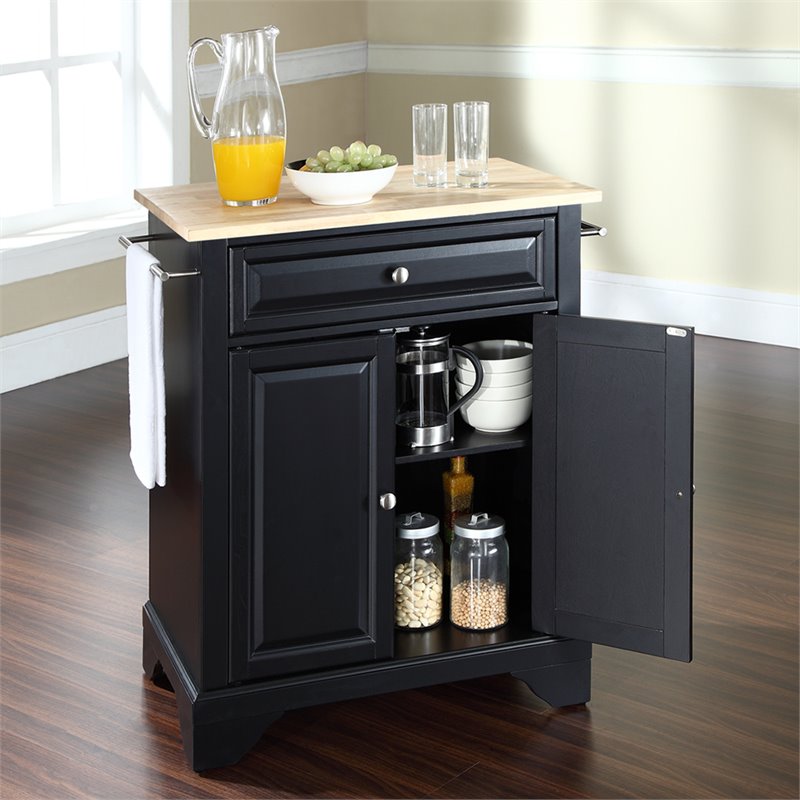 Pemberly Row Natural Wood Top Portable Kitchen Island in Black