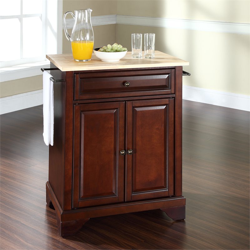 Pemberly Row Natural Wood Top Portable Kitchen Island in Mahogany