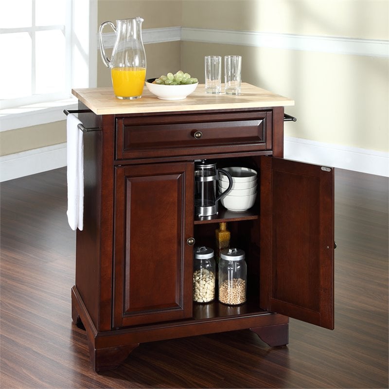 Pemberly Row Natural Wood Top Portable Kitchen Island in Mahogany