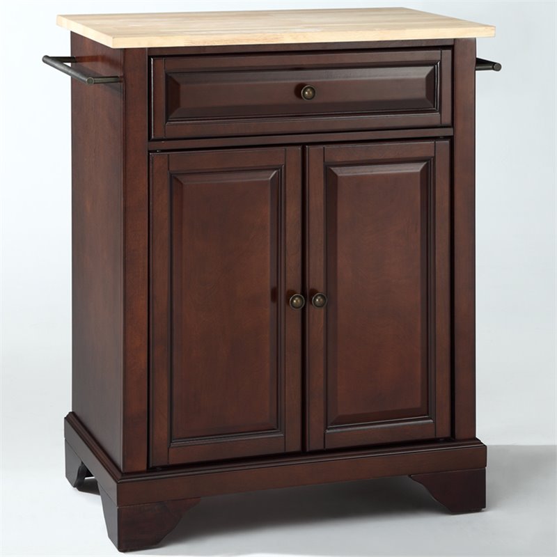 Pemberly Row Natural Wood Top Portable Kitchen Island in Mahogany