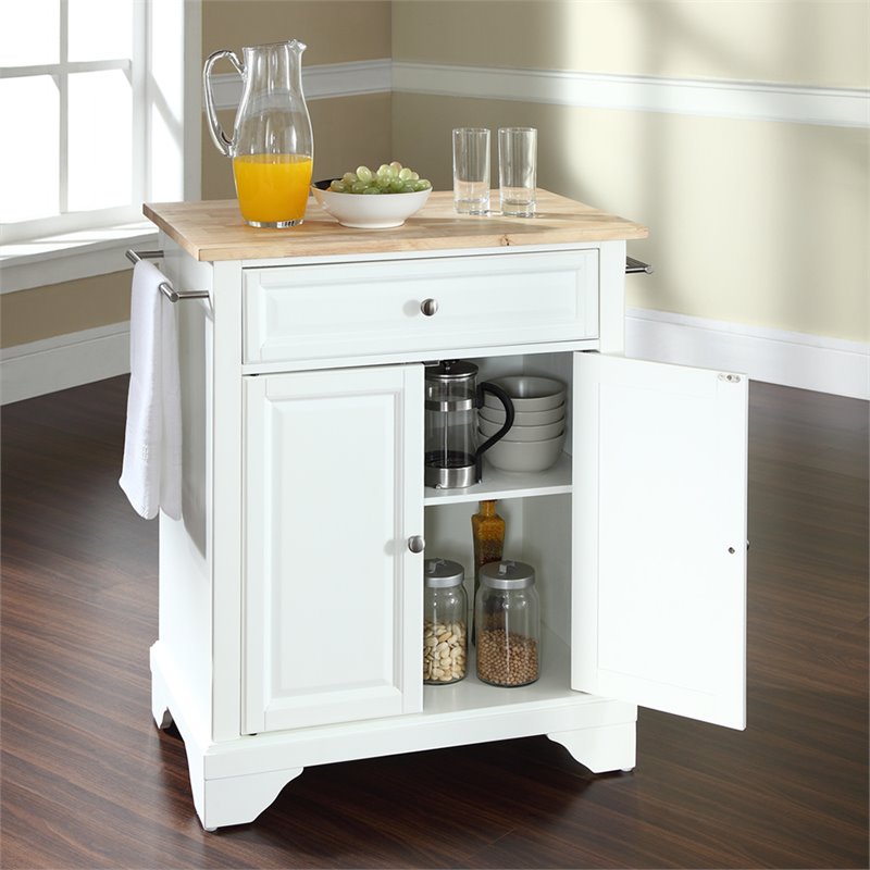 Pemberly Row Natural Wood Top Portable Kitchen Island in White