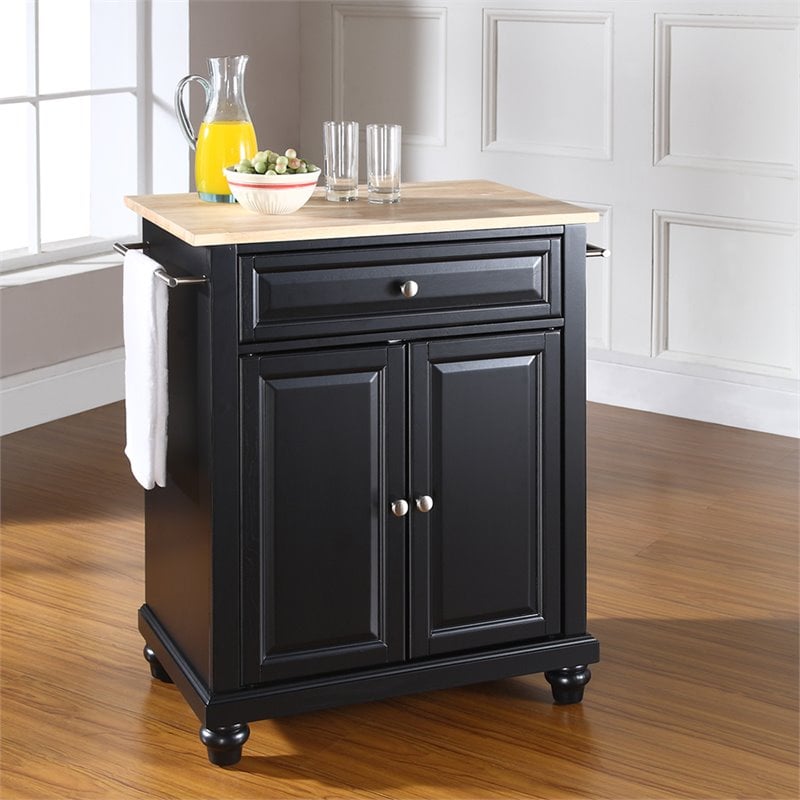 Pemberly Row Natural Wood Top Portable Kitchen Island in Black