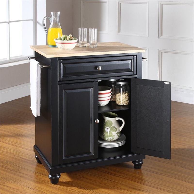 Pemberly Row Natural Wood Top Portable Kitchen Island in Black