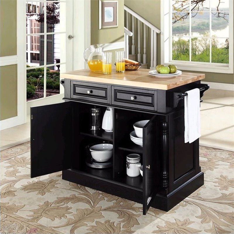 Pemberly Row Modern Wood Butcher Block Top Kitchen Island in Black