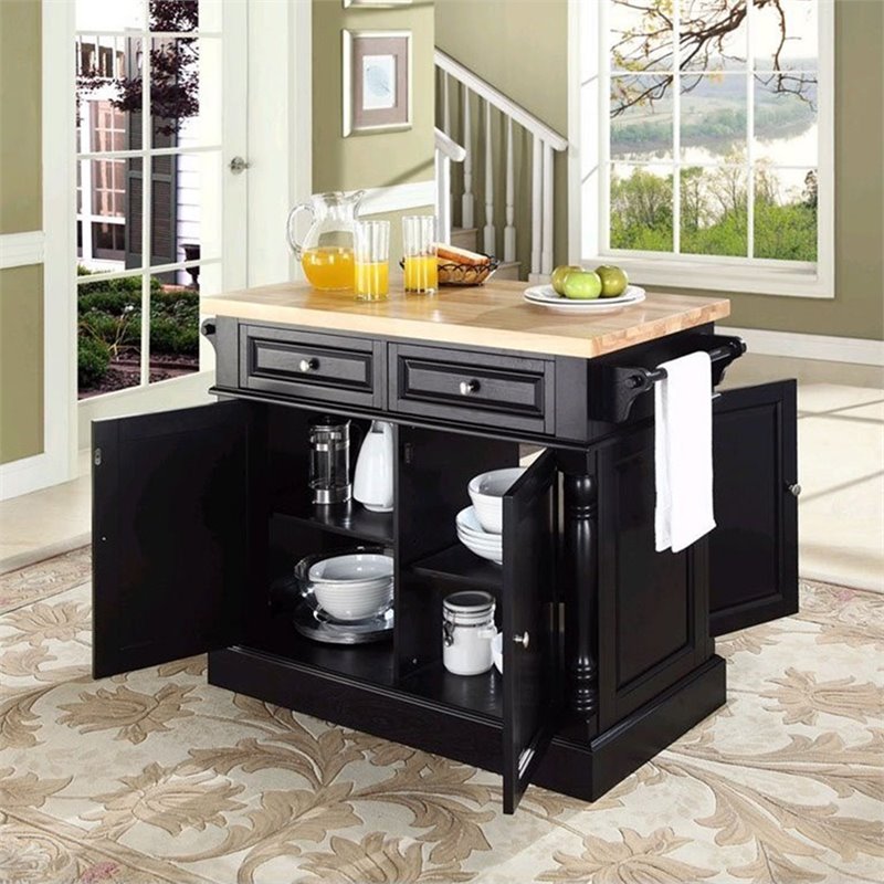 Pemberly Row Modern Wood Butcher Block Top Kitchen Island in Black