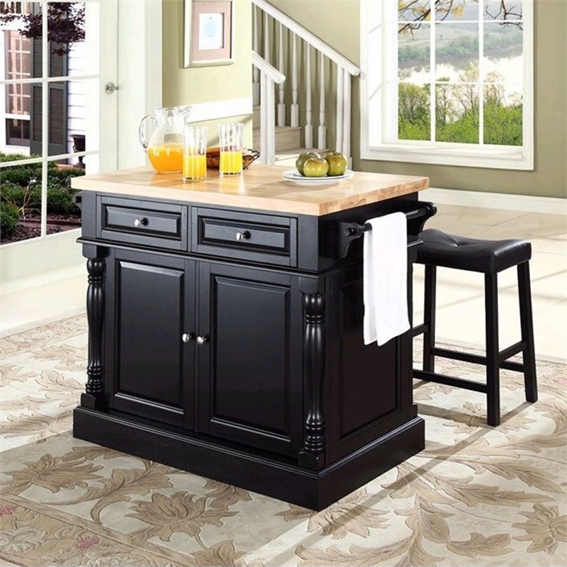 Pemberly Row Wood Kitchen Island with Saddle Stools in Black