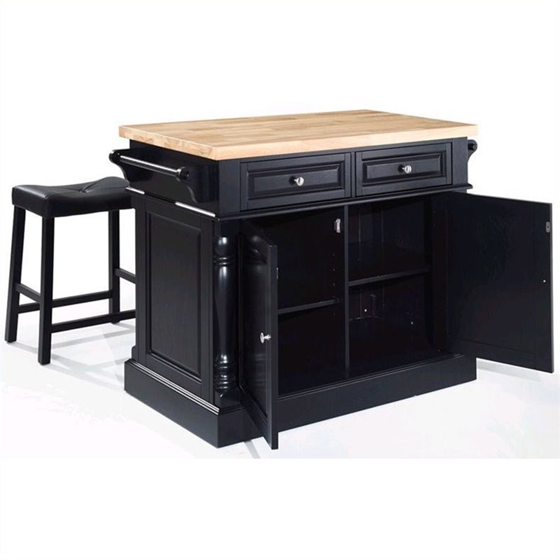 Pemberly Row Wood Kitchen Island with Saddle Stools in Black