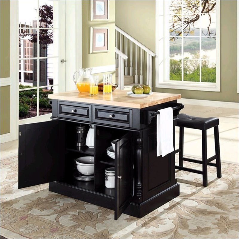 Pemberly Row Wood Kitchen Island with Saddle Stools in Black