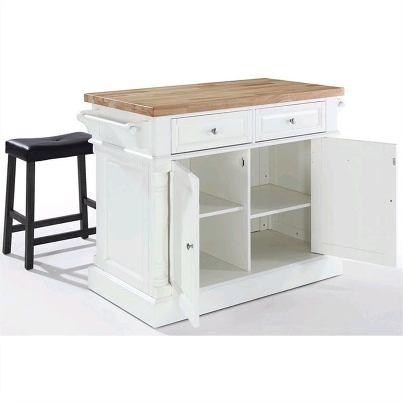 Pemberly Row Wood Kitchen Island with Saddle Stools in White