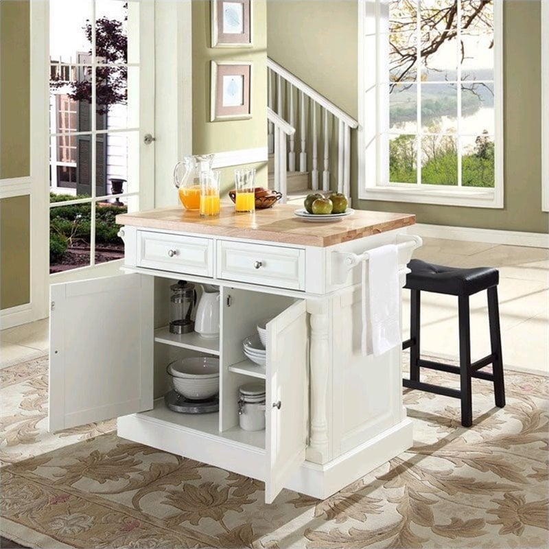 Pemberly Row Wood Kitchen Island with Saddle Stools in White