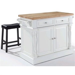 Pemberly Row Wood Kitchen Island with Saddle Stools in White