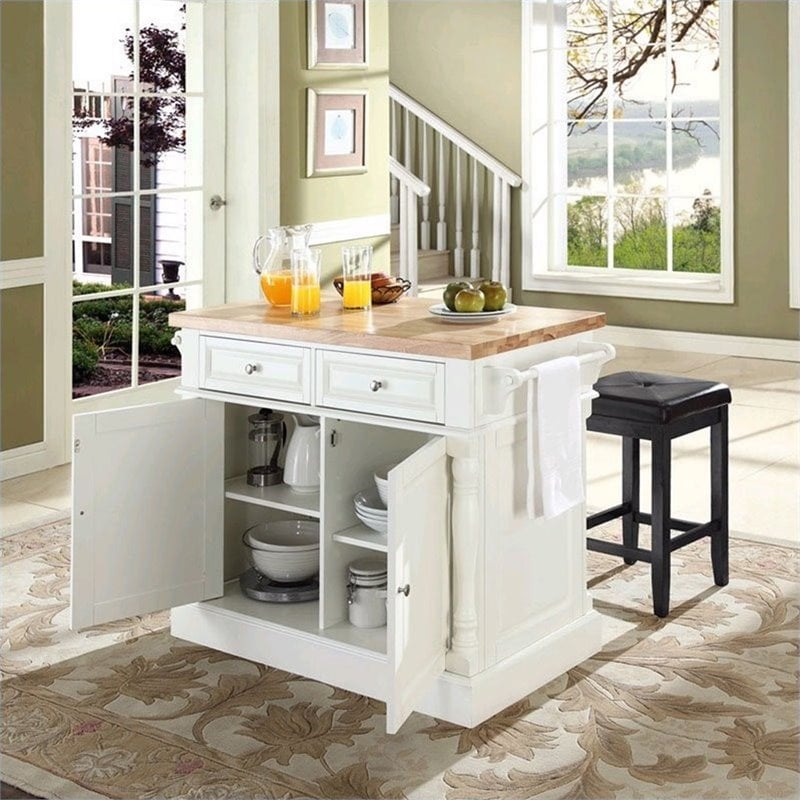 Pemberly Row Wood Kitchen Island with Square Stools in White