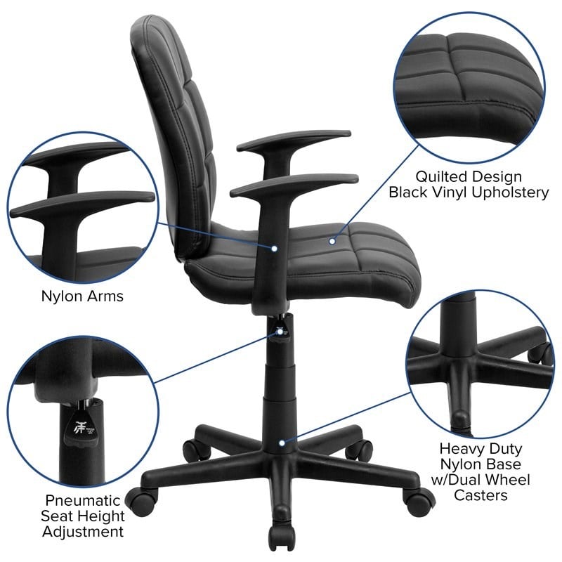 Pemberly Row Mid Back Quilted Office Swivel Chair with Arms in Black