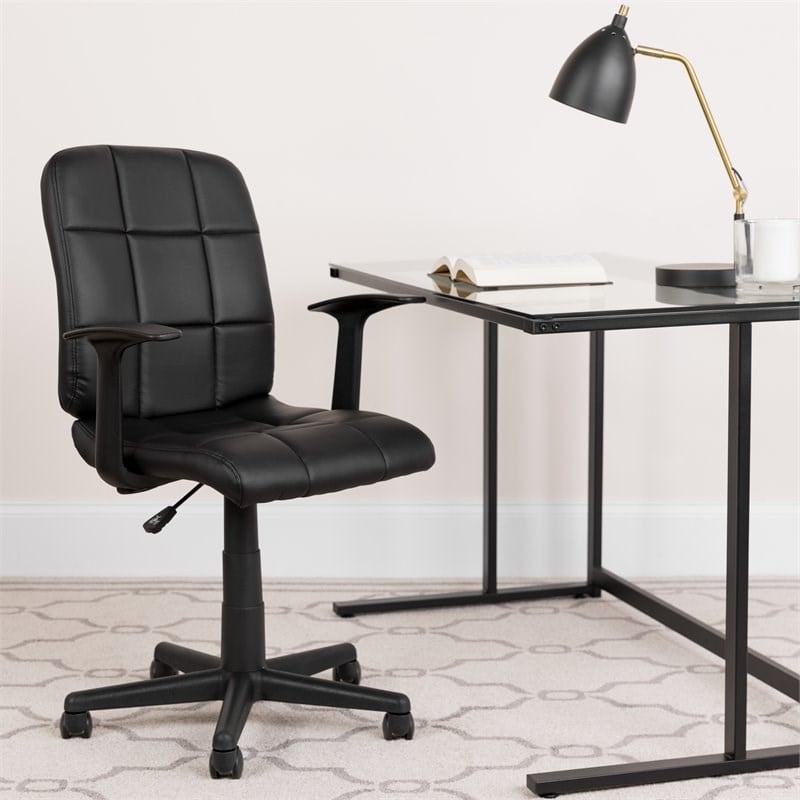 Pemberly Row Mid Back Quilted Office Swivel Chair with Arms in Black