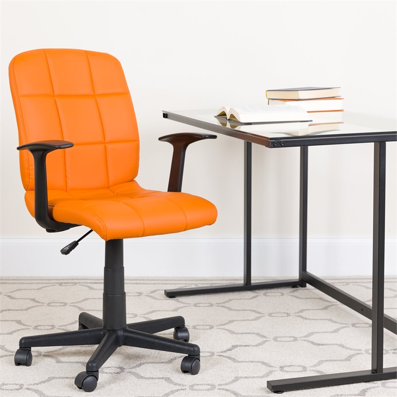 Pemberly Row Mid Back Quilted Office Swivel Chair with Arms in Orange