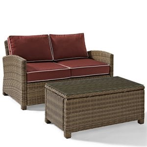 Pemberly Row 2 Piece Fabric Patio Sofa Set in Brown / Sangria Red