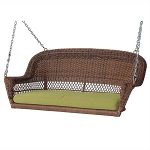 Pemberly Row Honey Resin Wicker Hanging Porch Swing with Cushion in Green
