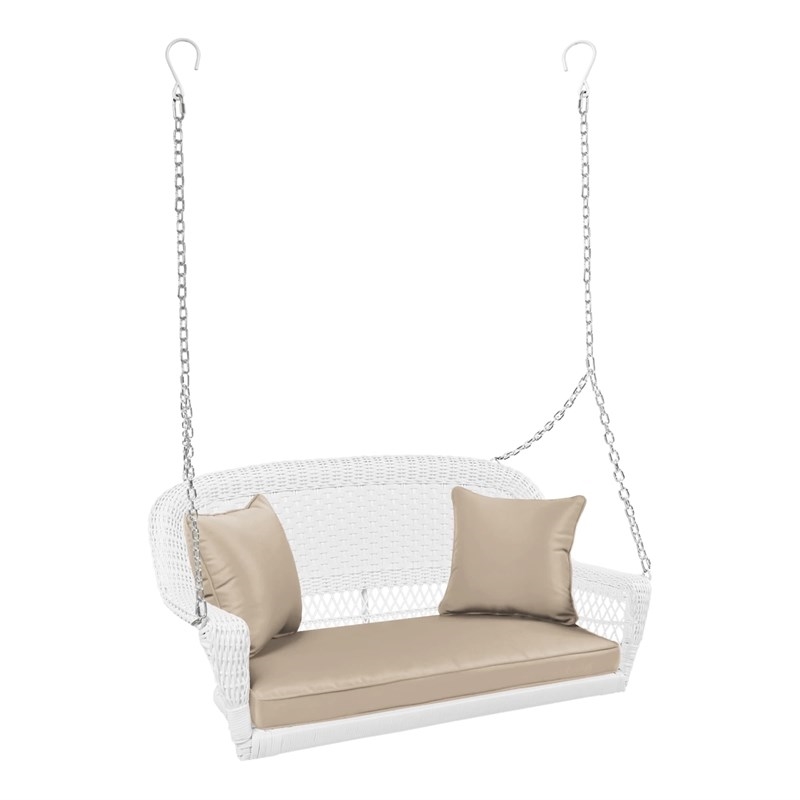 Pemberly Row Resin Wicker Porch Swing with Cushion in White and Tan